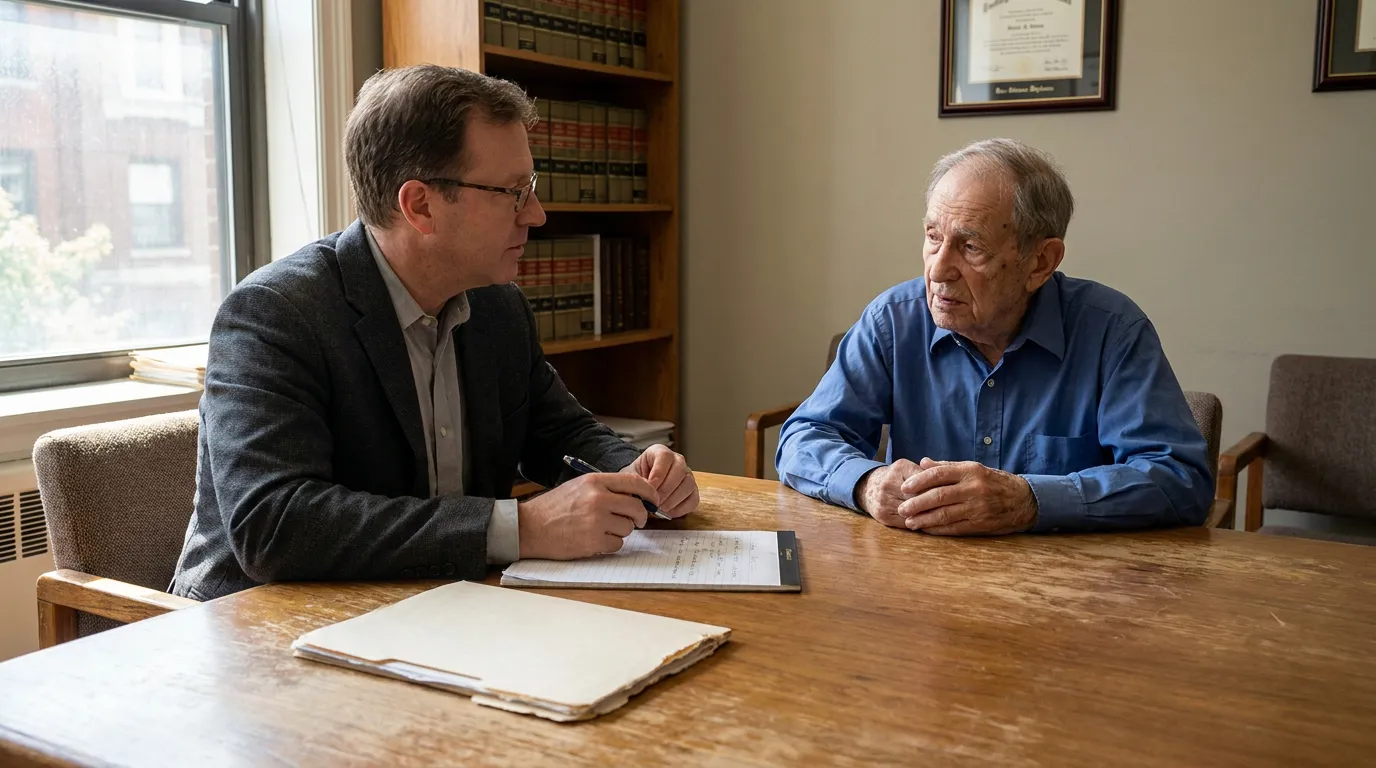 Elder Neglect Attorney Consulting Client in Chicago Illinois attorney with notepad consulting elderly client at office table with law books