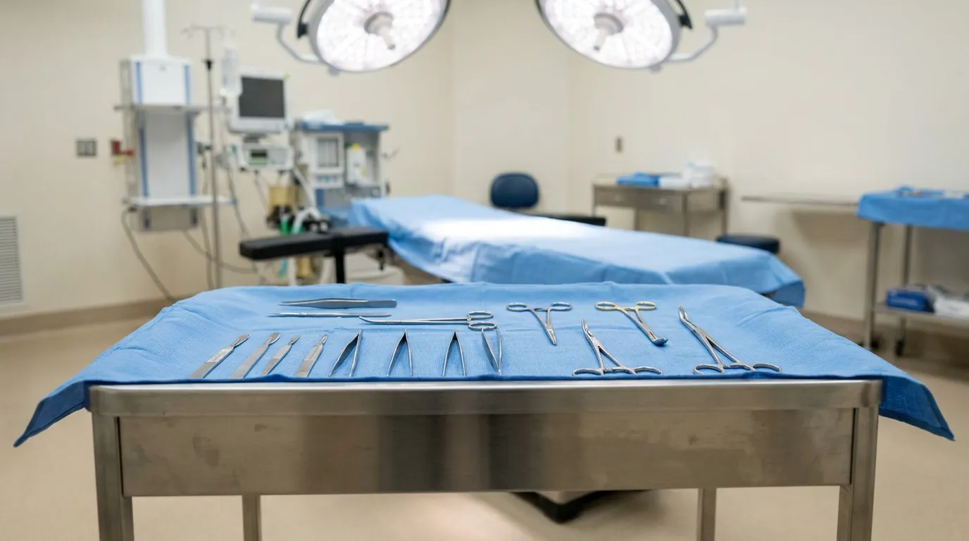 Illinois Medical Malpractice Surgery Room Res Ipsa Loquitur surgical instruments arranged on sterile tray inside empty operating room