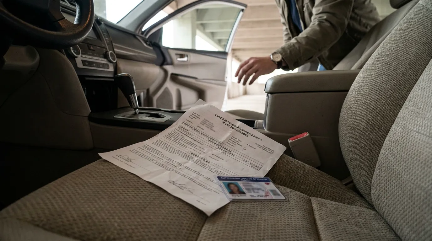 Illinois Autopilot Car Accident Insurance Policy and Driver ID Illinois auto insurance policy document and driver's license on car seat