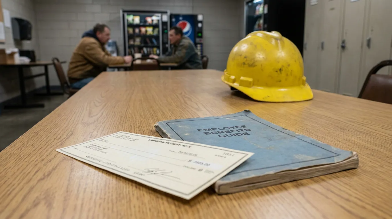 Dayton Worker Lump Sum Settlement Check and Benefits Guide Employee Benefits Guide booklet, lump sum settlement check, and hard hat on table