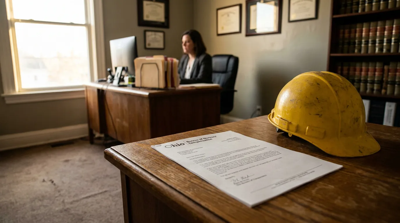 Ohio Bureau of Workers Compensation document and hard hat on law office desk
