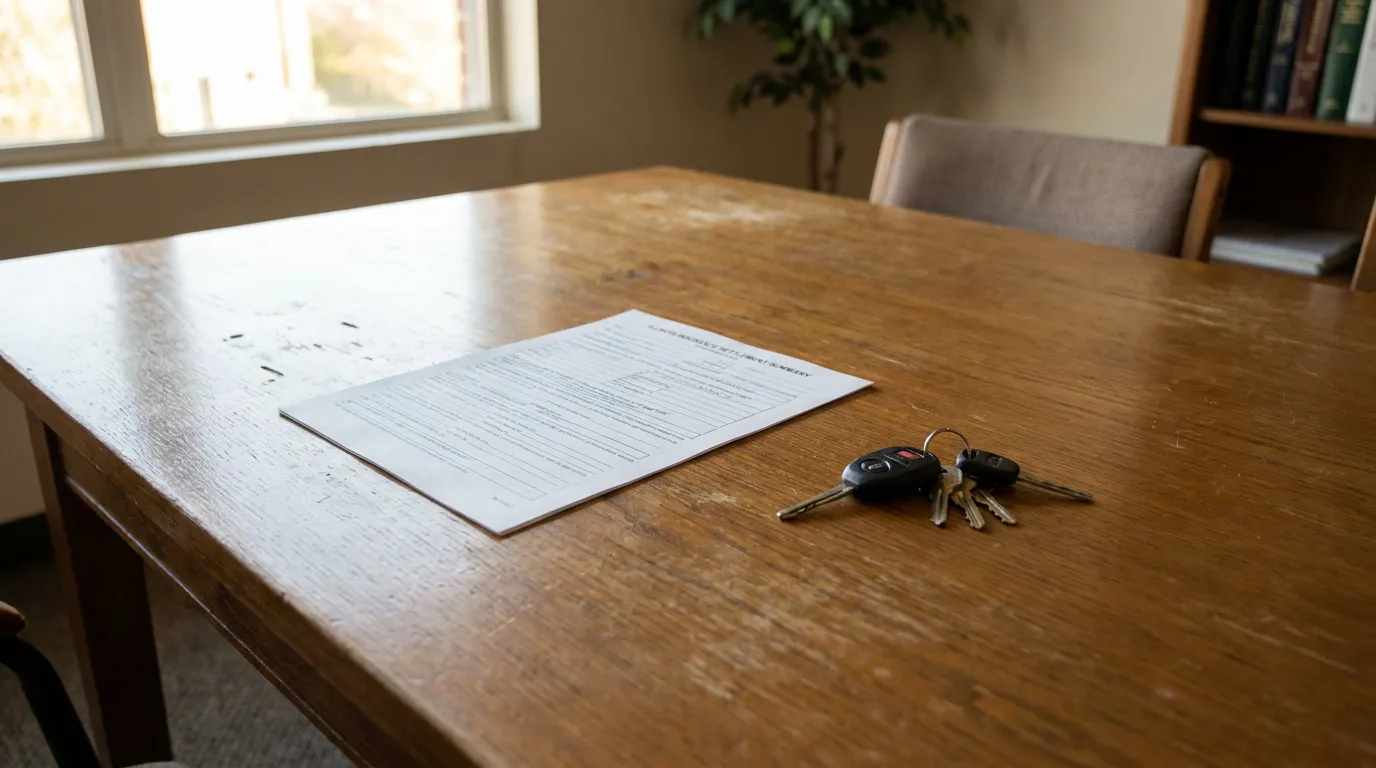 Illinois Rear-End Car Accident Settlement Document and Car Keys Illinois insurance settlement summary document and car keys on wooden table