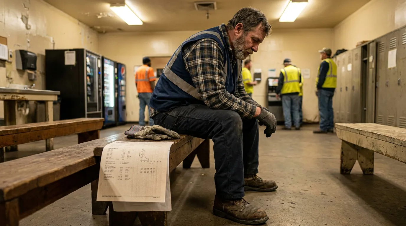 worker in safety vest sitting on bench in workplace locker room holding gloves