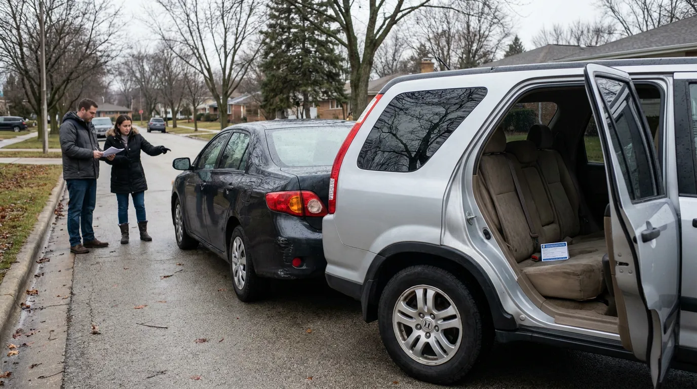Illinois Insurance Adjuster Reviewing Car Accident Claim two people reviewing documents beside rear-end vehicle collision on residential street