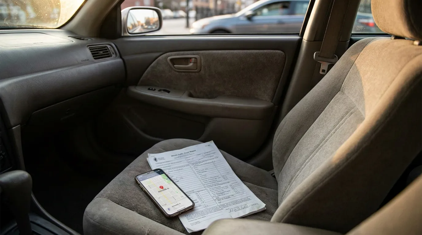 Illinois Traffic Crash Report and Phone Inside Car Illinois Traffic Crash Report and smartphone with map app on car seat