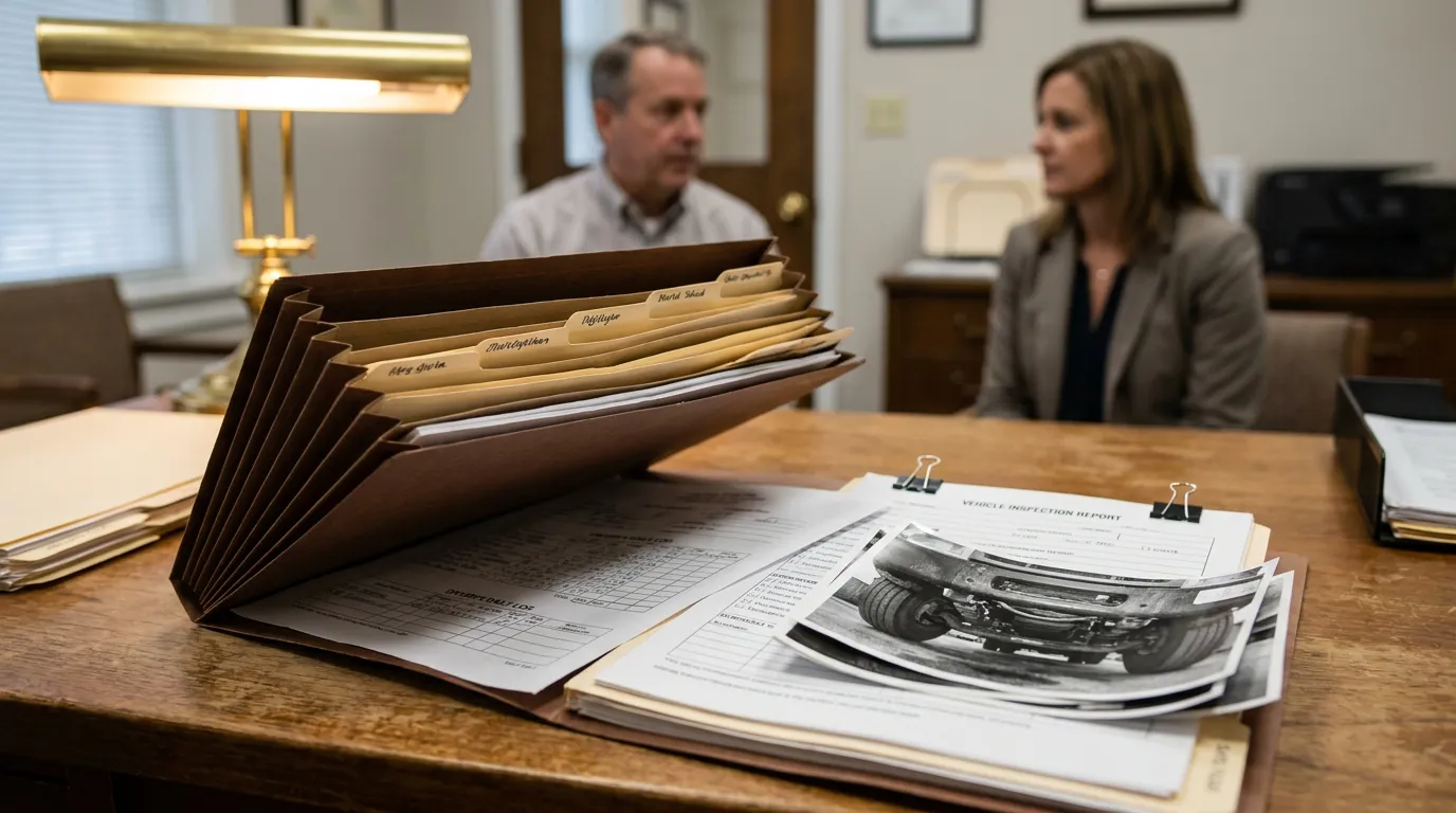 Dayton Truck Accident Attorney Reviewing Case Evidence Files Vehicle Inspection Report and tabbed case folder on law office desk during consultation