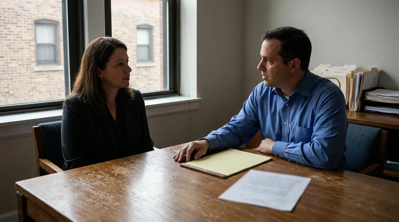 Client Consulting Chicago Failure to Diagnose Attorney Illinois two professionals seated at wooden desk with legal notepad and documents