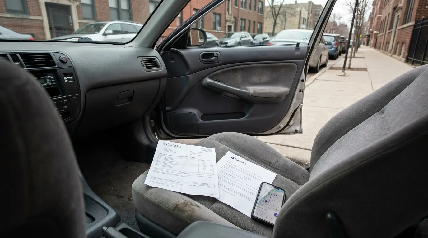 Chicago Rideshare Insurance Documents and Phone in Car Illinois document and Rideshare paperwork on car seat with smartphone displaying map