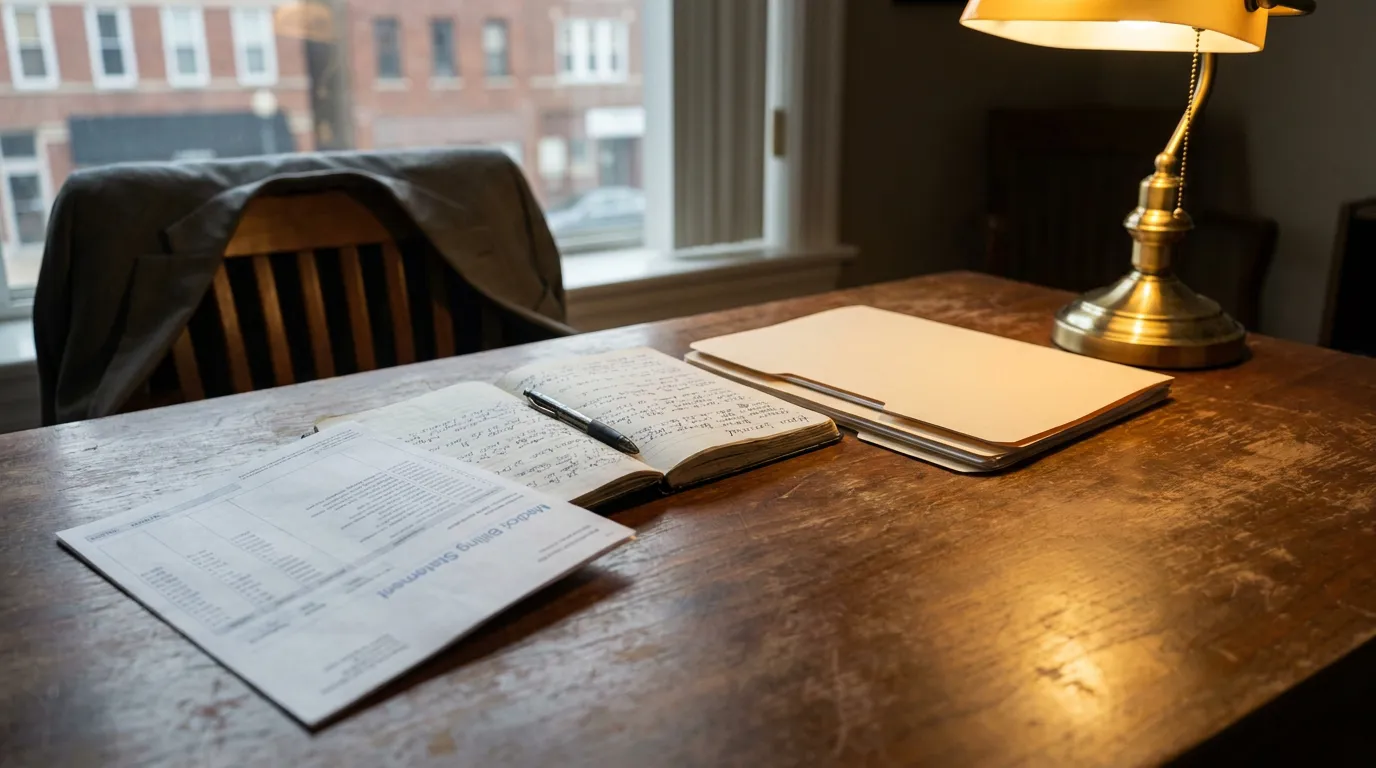 Illinois Car Accident Medical Bills and Injury Claim Documents Medical billing statement and handwritten notes on wooden attorney desk with lamp