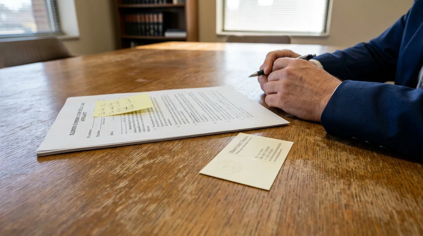Illinois Attorney Reviewing 2-622 Affidavit of Merit Document attorney holding pen beside Illinois Supreme Court affidavit and business card on desk