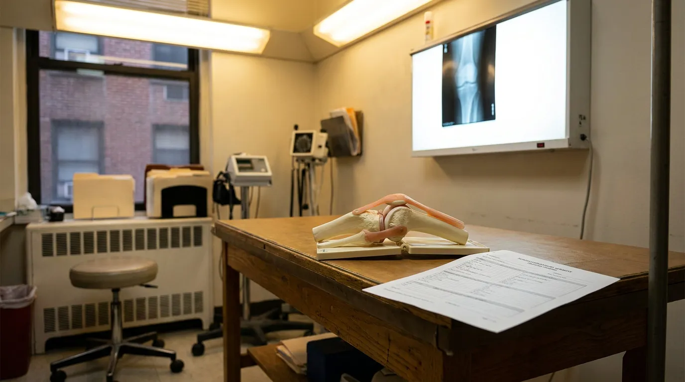 medical exam room with joint anatomical model, knee X-ray, and patient form
