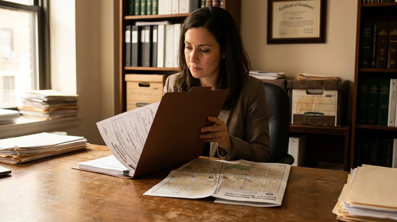 female attorney reviewing case folder and Midtown Manhattan map at office desk