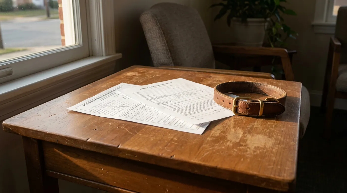 Dog Bite Legal Documents and Collar Fairfax Virginia dog collar and animal control incident report documents on wooden desk