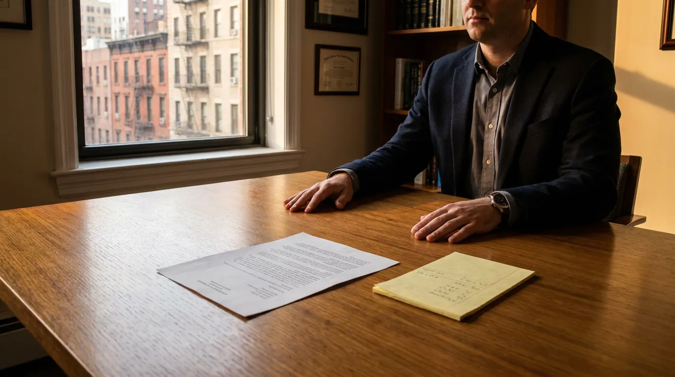 attorney seated at office desk with legal document and notepad