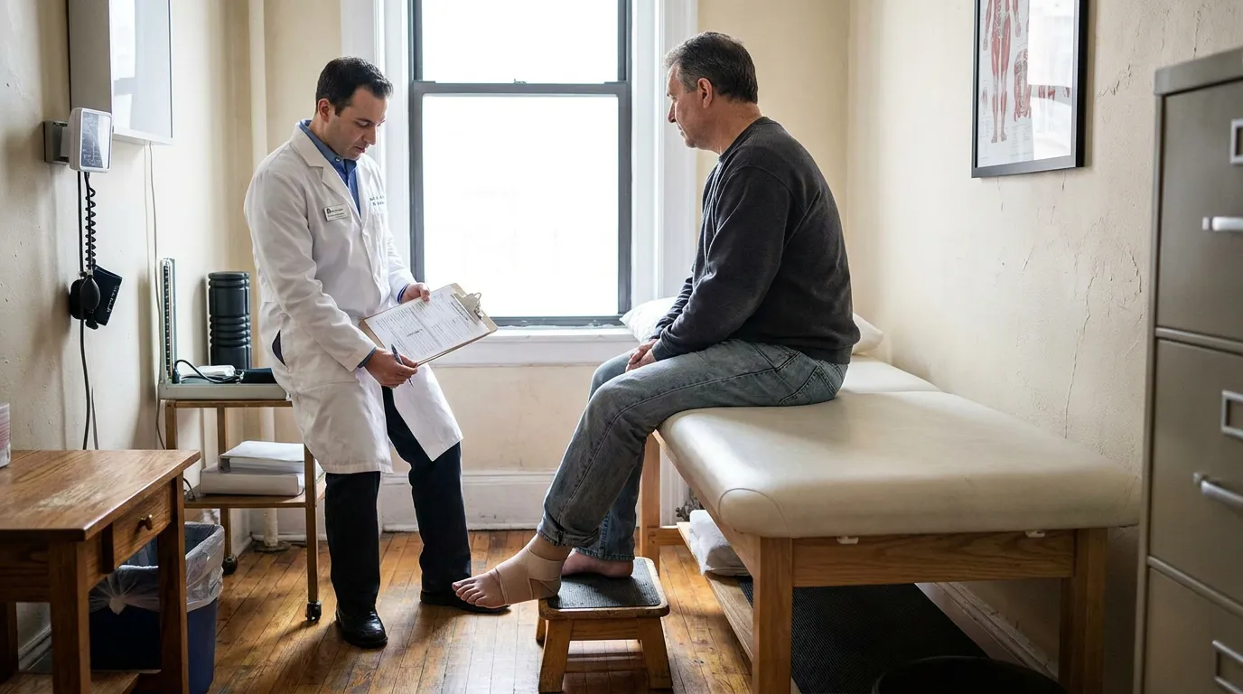 NYC Slip and Fall Patient Non-Surgical Ankle Injury Exam physician in lab coat reviewing clipboard with patient seated on examination table