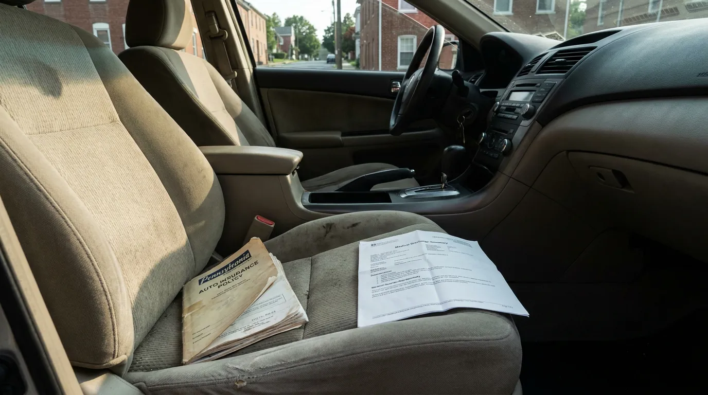 PA Auto Insurance Policy and Medical Records on Car Seat Pennsylvania auto insurance policy booklet and medical documents resting on car seat