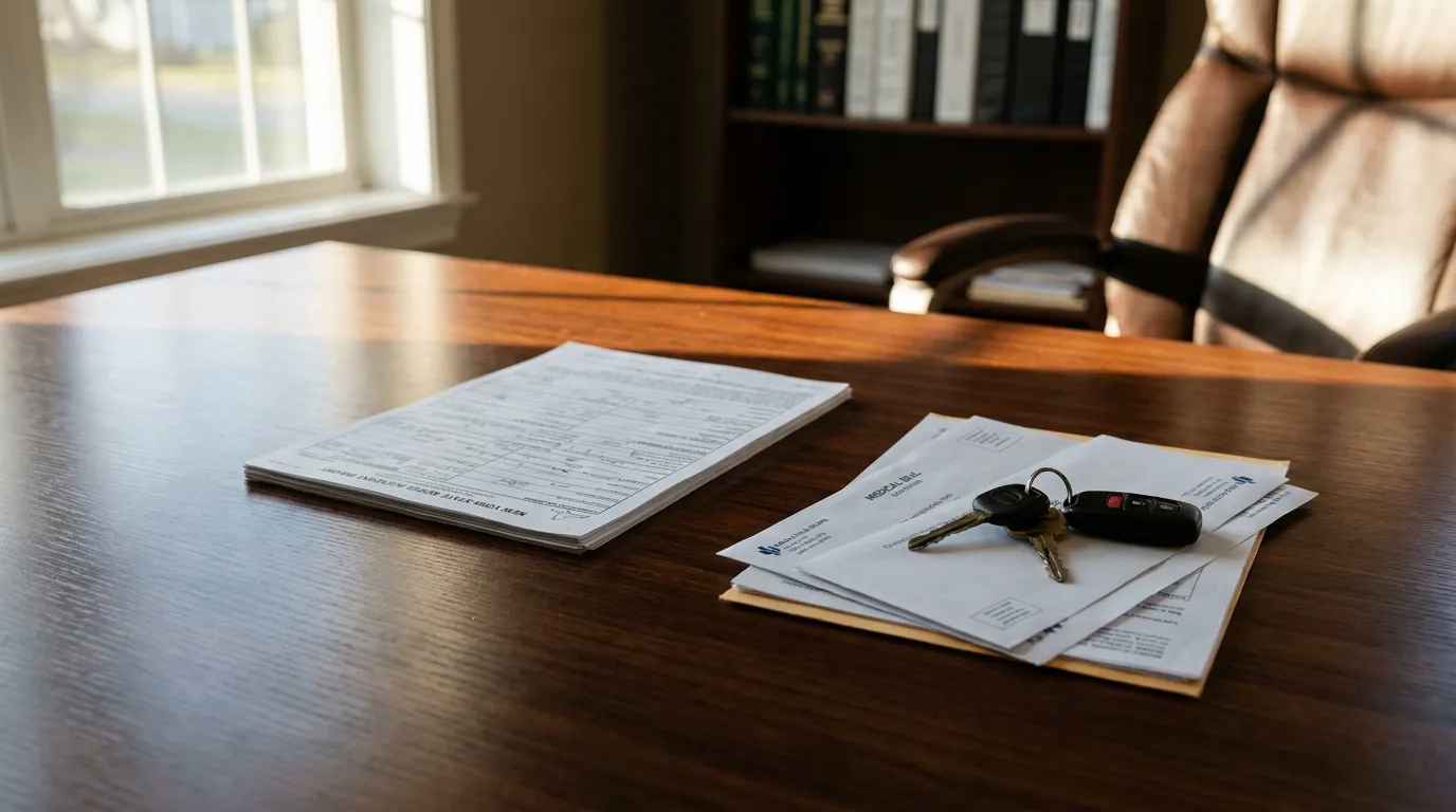 car keys and medical bills resting on legal documents atop attorney desk