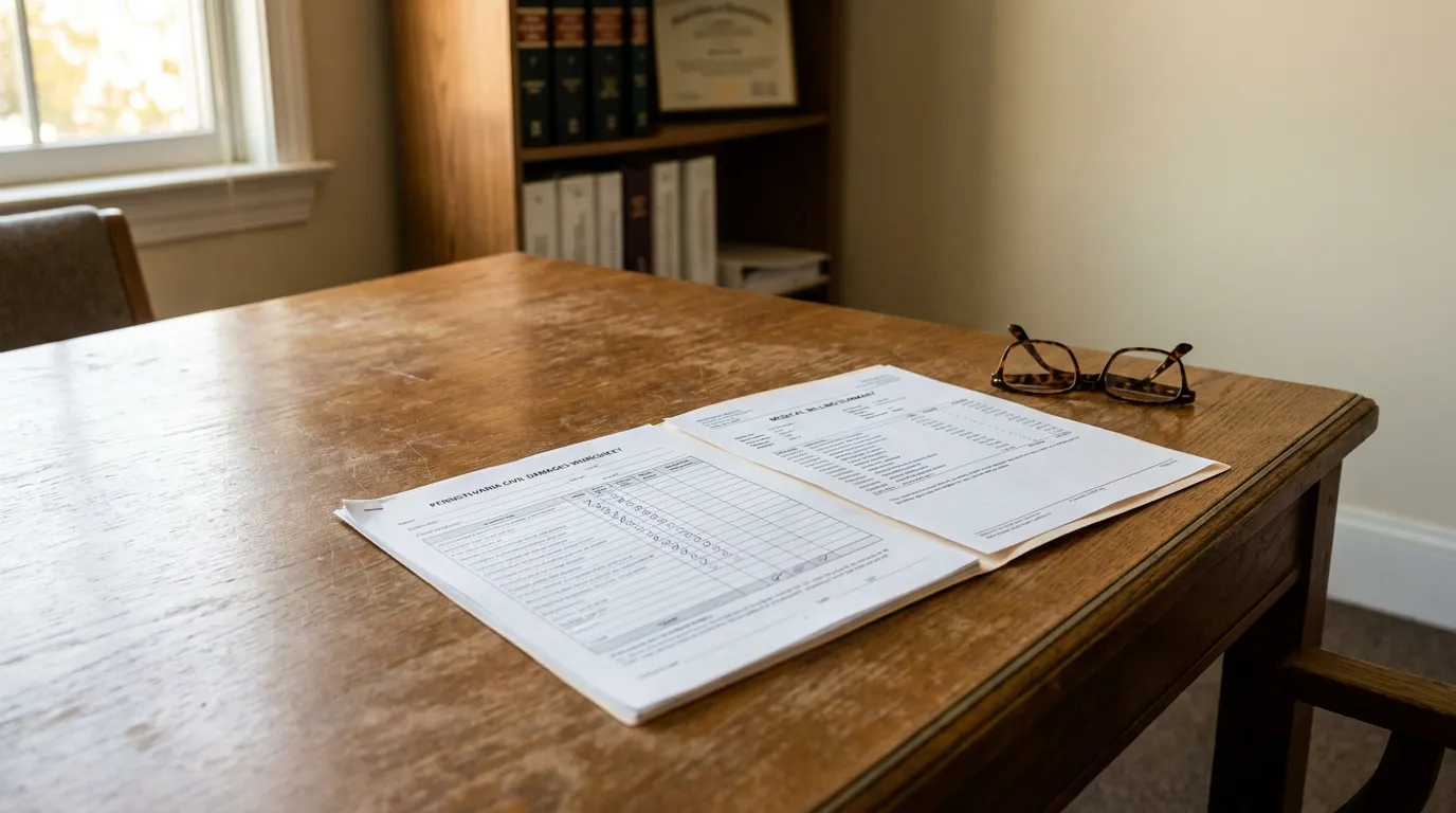 PA Car Accident Damages Worksheet on Attorney Desk Pennsylvania Civil Damages Worksheet and medical billing document on wooden desk with eyeglasses