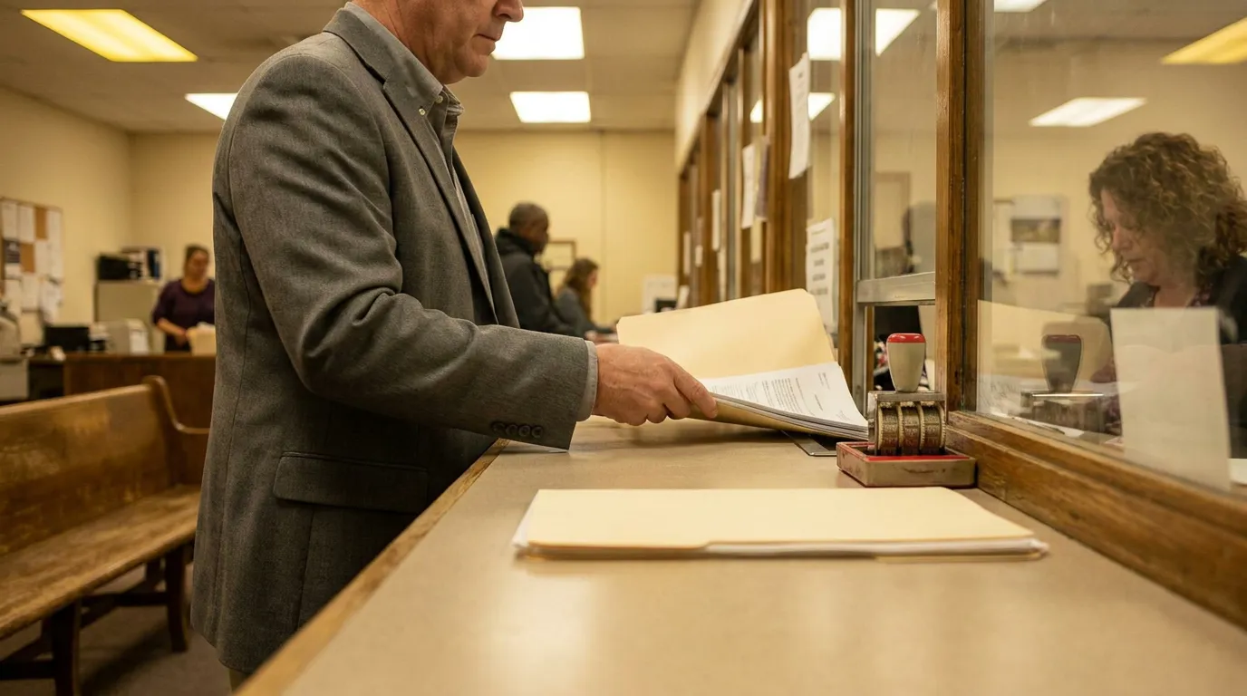 Filing a Car Accident Claim at PA Courthouse attorney filing legal documents at courthouse clerk window with stamp