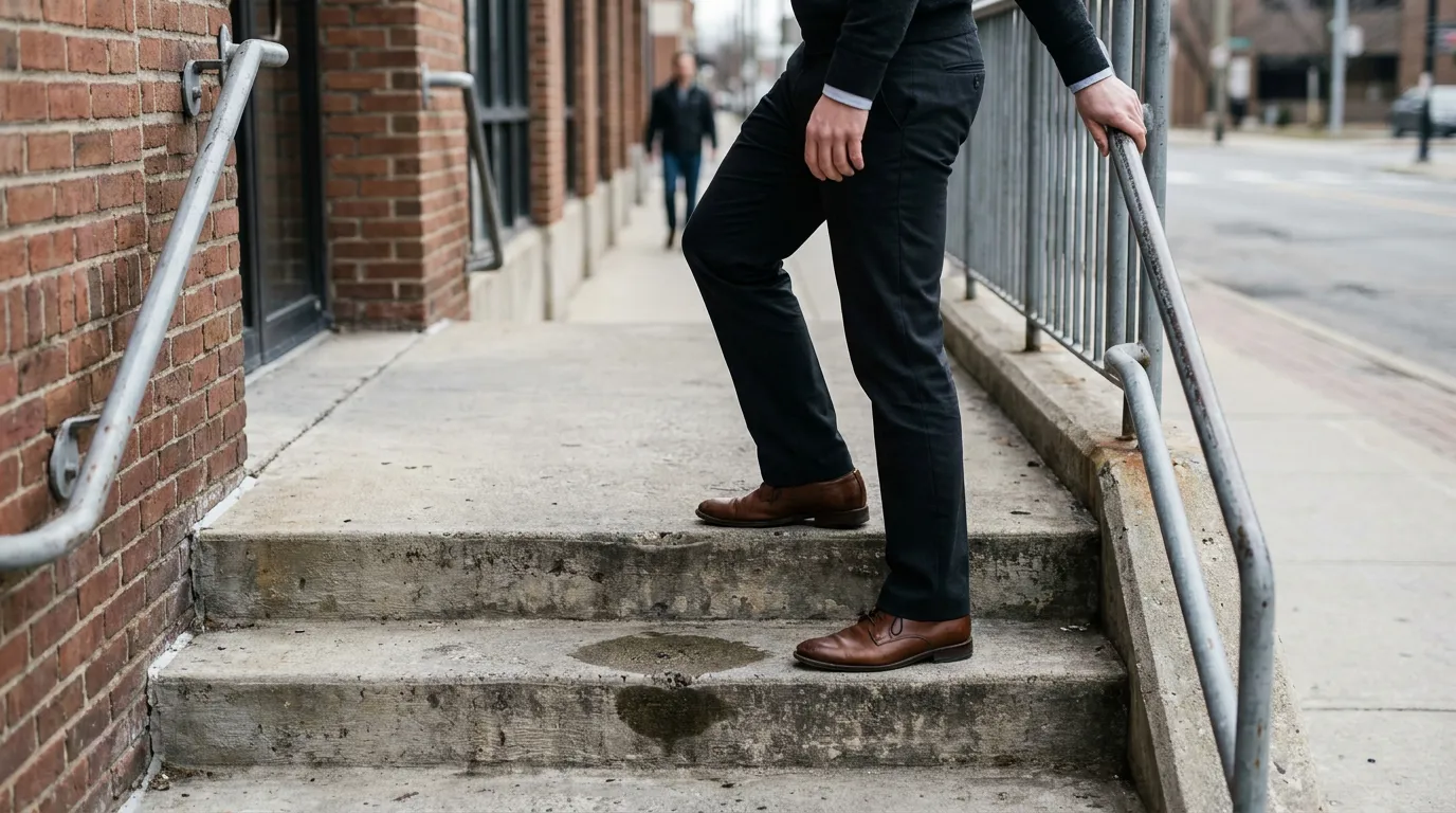 Person on Unsafe Wet Steps PA Premises Liability suited professional ascending worn concrete steps holding metal railing outside brick building