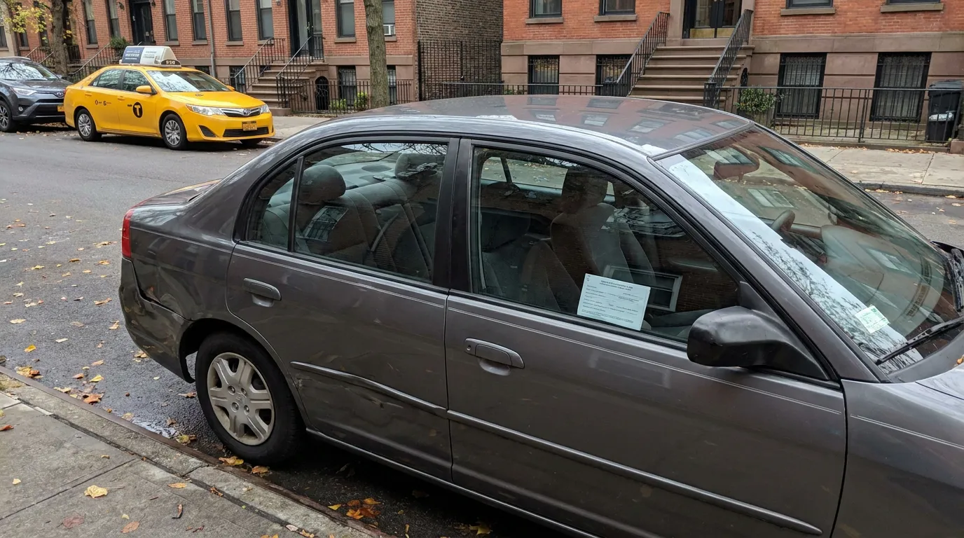sedan parked on city street with parking ticket visible on dashboard