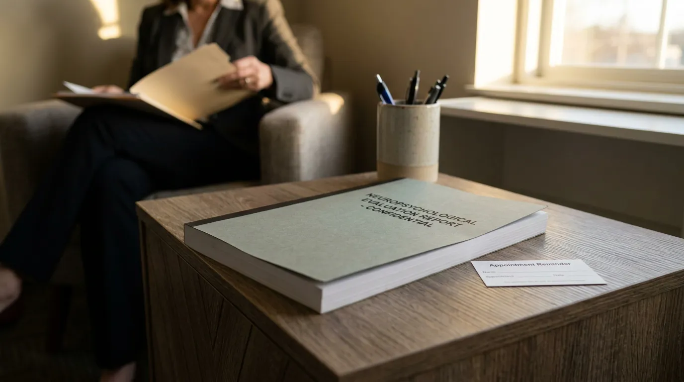 Neuropsychological Evaluation Report TBI Case Pennsylvania Confidential neuropsychological evaluation report on desk with appointment reminder card