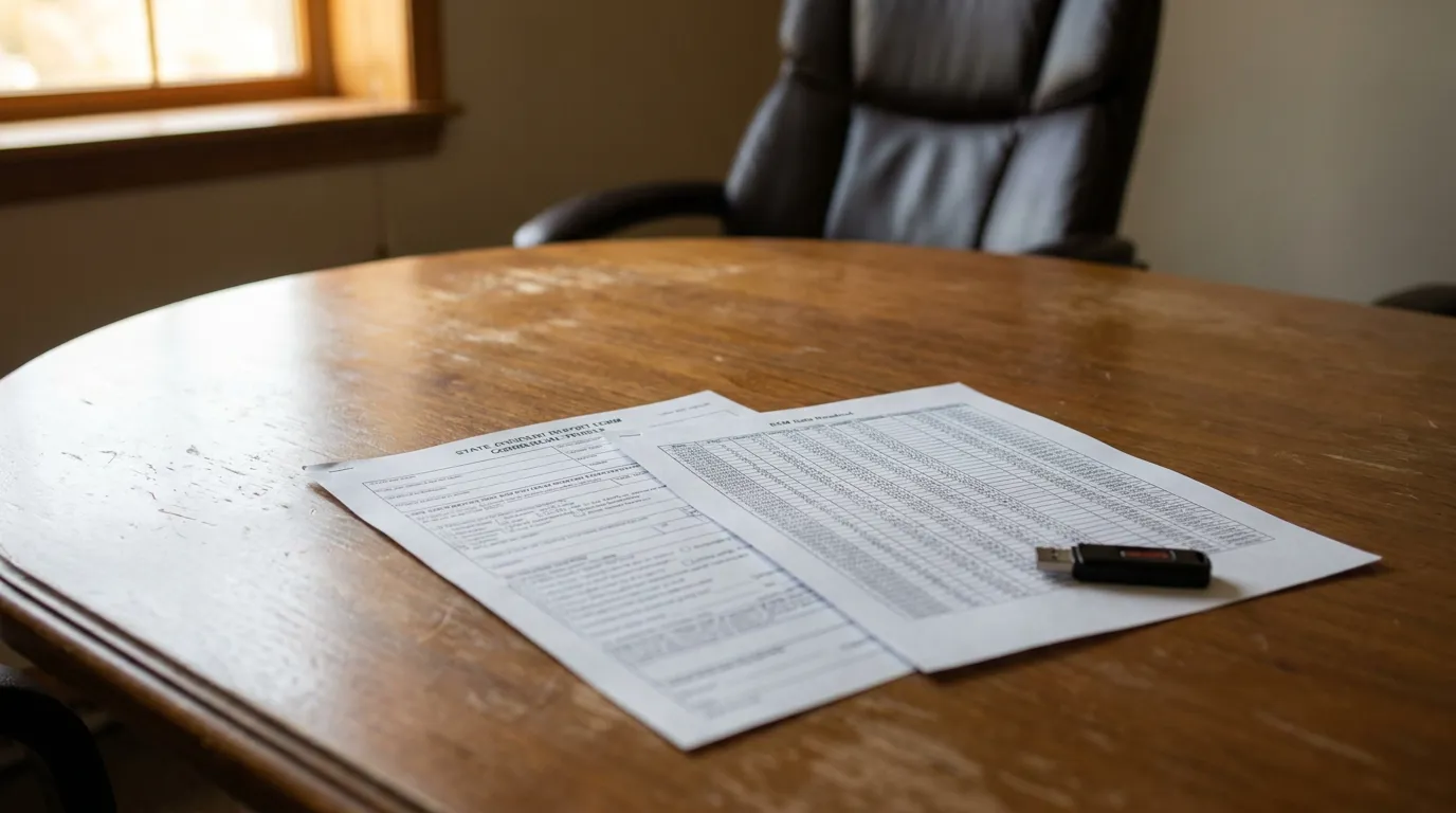 PA Truck Black Box ELD Data Documents on Desk state commercial permit forms and USB drive resting on wooden office table