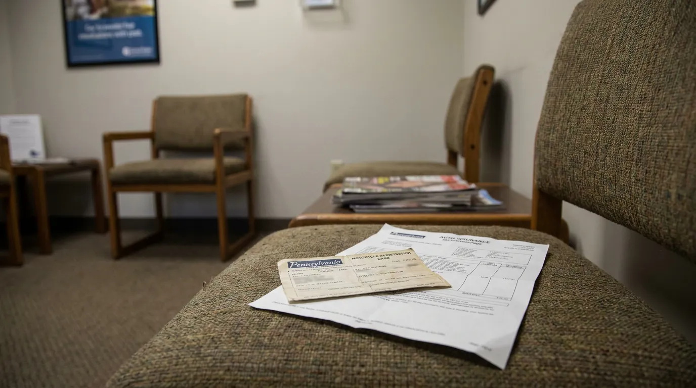 PA Motorcycle Registration and Auto Insurance Documents Law Office Pennsylvania motorcycle registration card and auto insurance form on waiting room chair