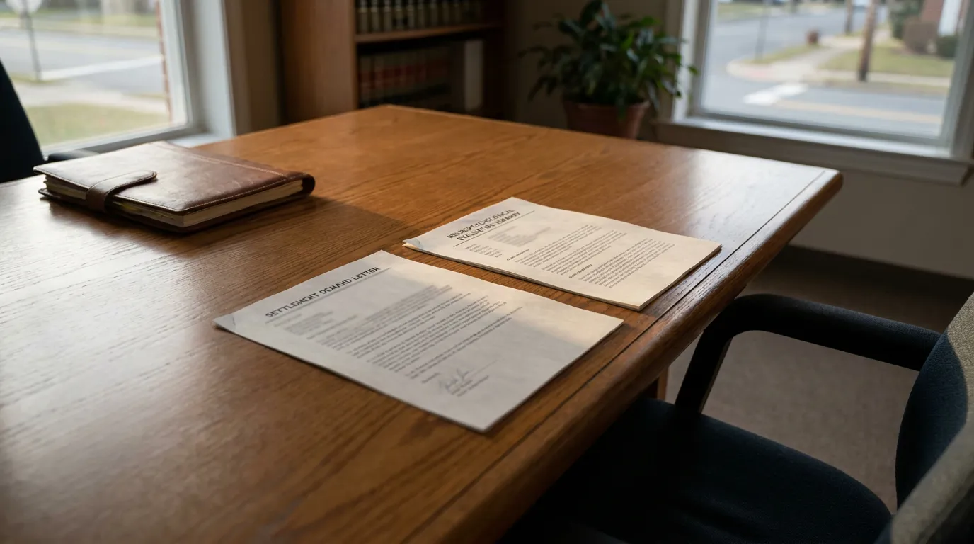 Pennsylvania TBI Settlement Demand Letter on Attorney Desk Settlement demand letter and legal documents on law office desk