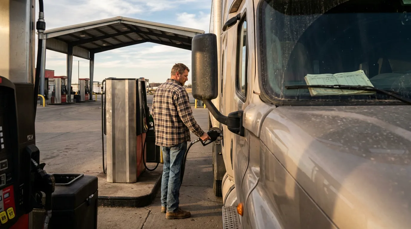 New York Commercial Truck Driver Fueling Semi Truck truck driver holding fuel nozzle while refueling commercial semi-truck at fuel station