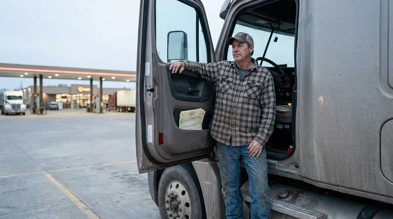 Semi-Truck Driver at Mississippi Truck Stop truck driver standing beside open cab door at commercial truck stop