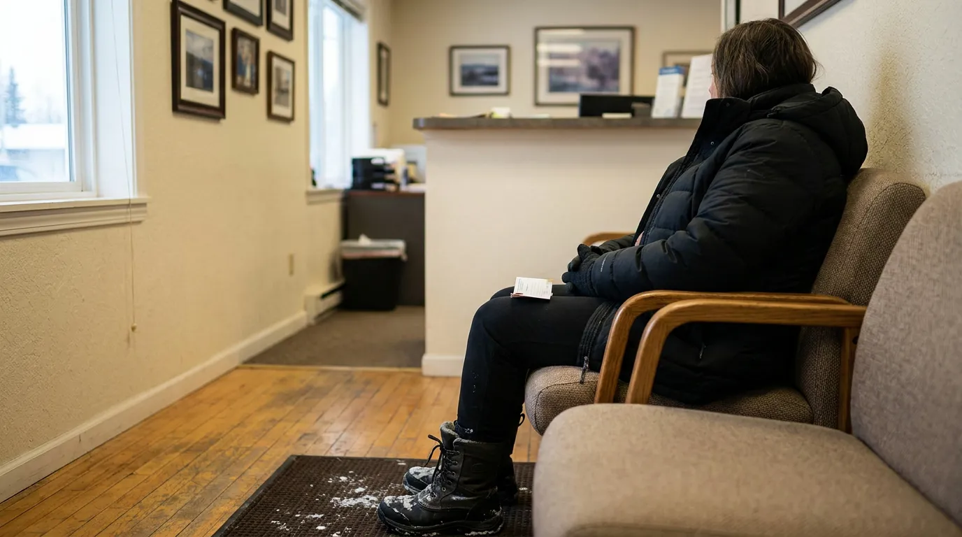 Anchorage Car Accident Injury Client Waiting at Law Office person seated in law office waiting area holding document wearing winter coat