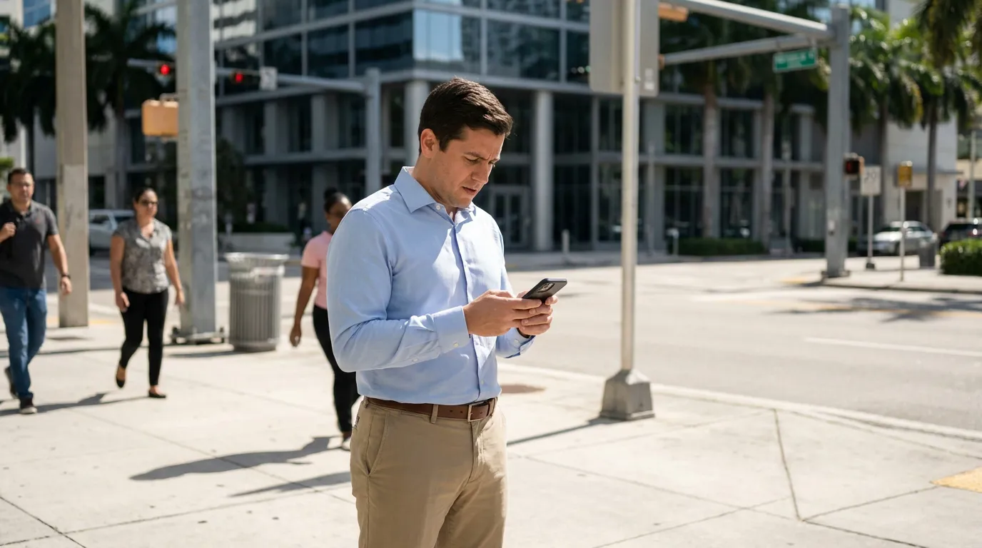 man in dress shirt looking at smartphone while standing on urban sidewalk