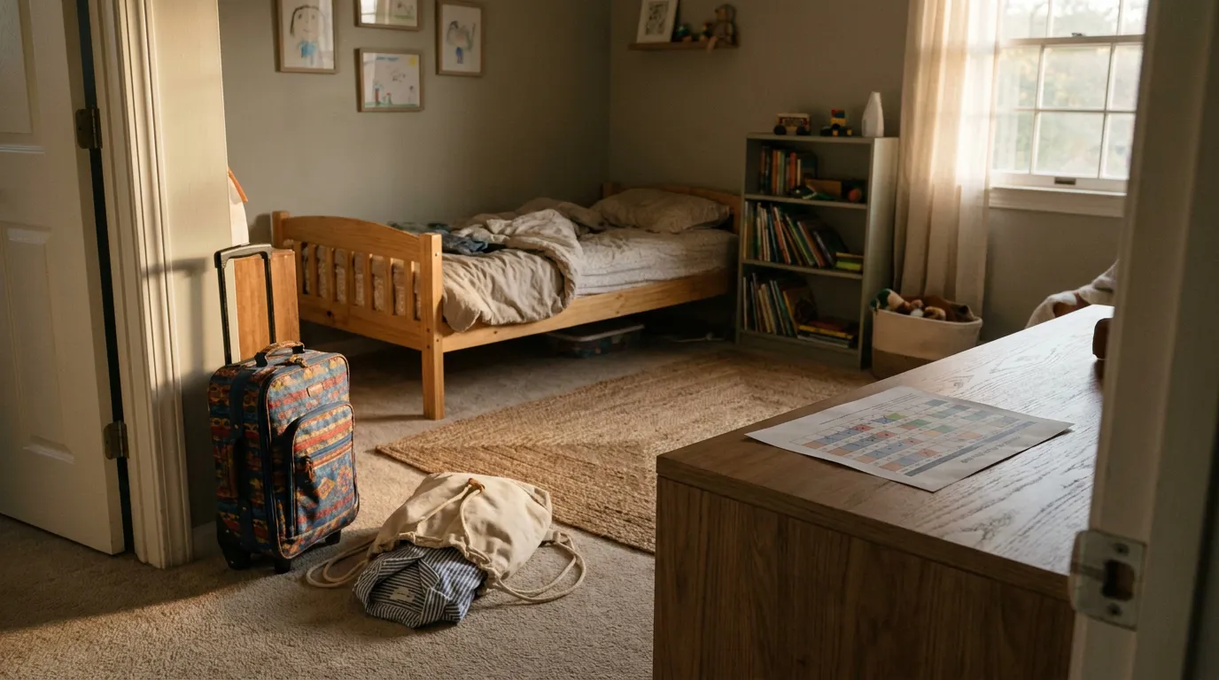 Child's Bedroom With Suitcase and Las Vegas Custody Schedule child's bedroom with packed suitcase, bags, bookshelf, and custody schedule document