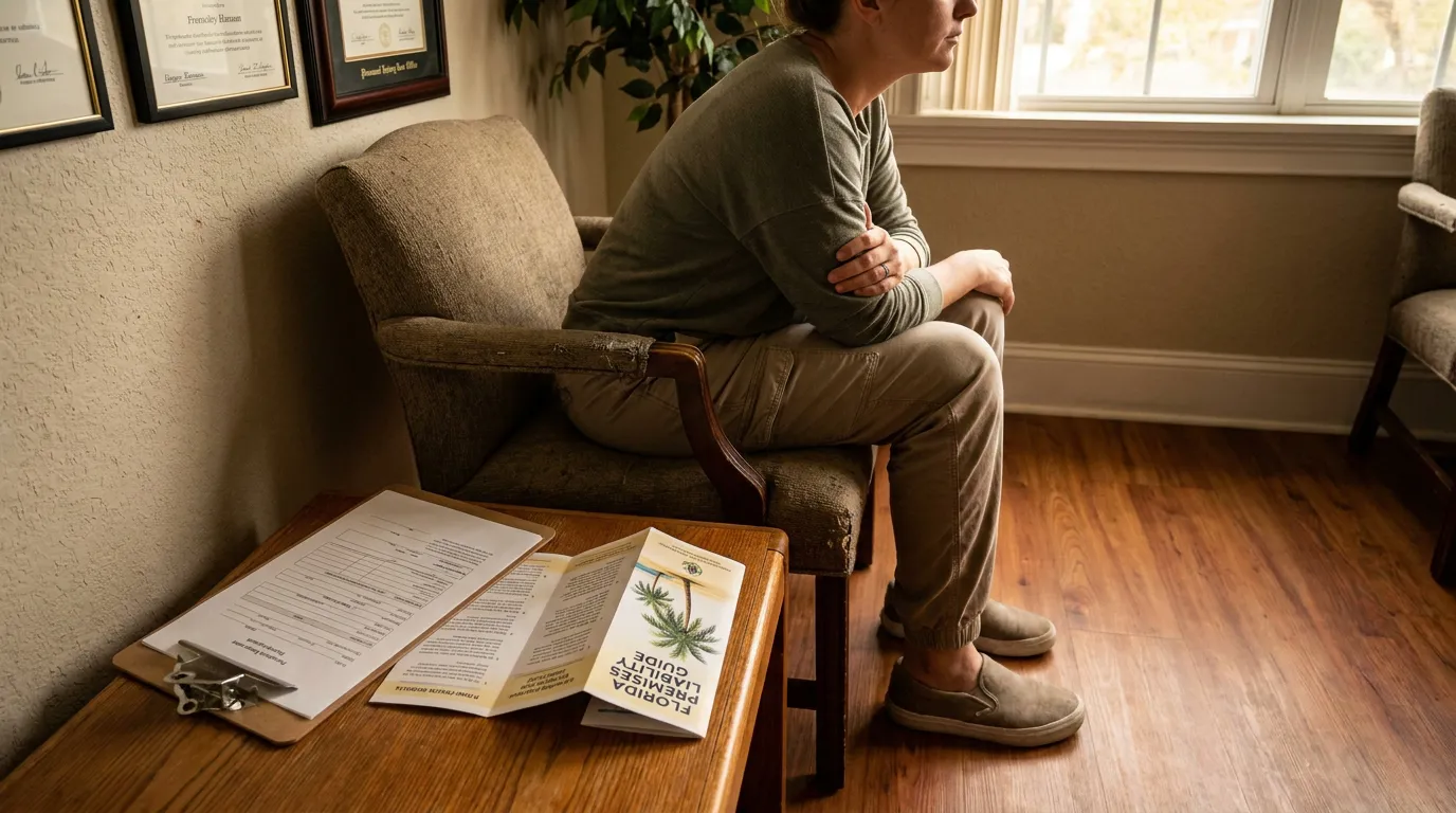 person seated in law office chair beside Florida Premises Liability Guide brochure and clipboard
