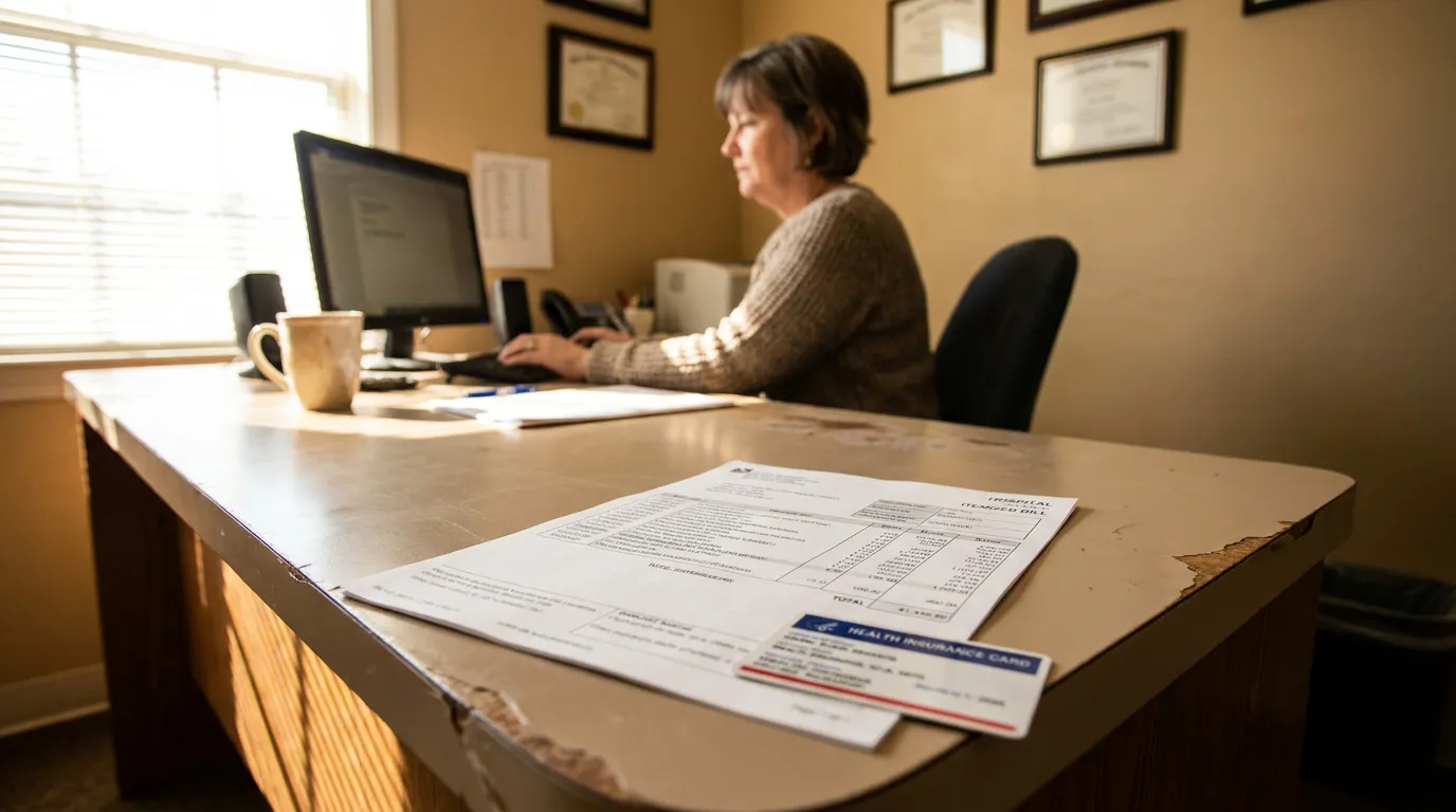 Tupelo Truck Accident Medical Bills and Insurance Card hospital itemized bill and health insurance card on office desk with woman working at computer