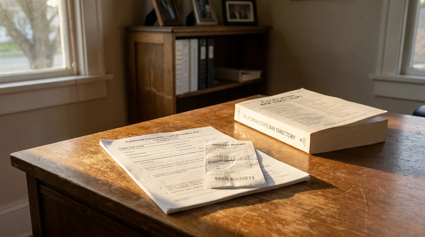 California Consumer Legal Remedies Act complaint form and California State Bar Directory on wooden desk
