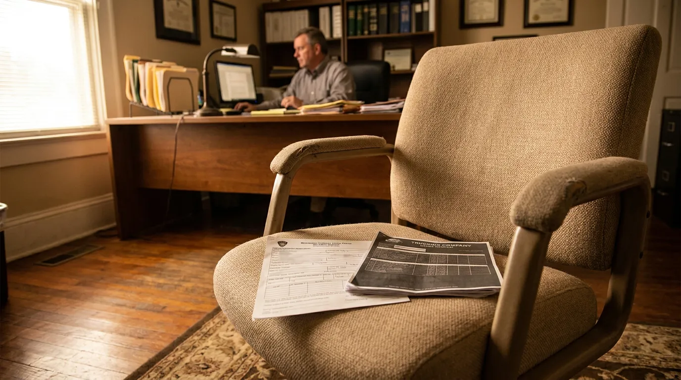 legal documents on client chair with attorney working at desk in background