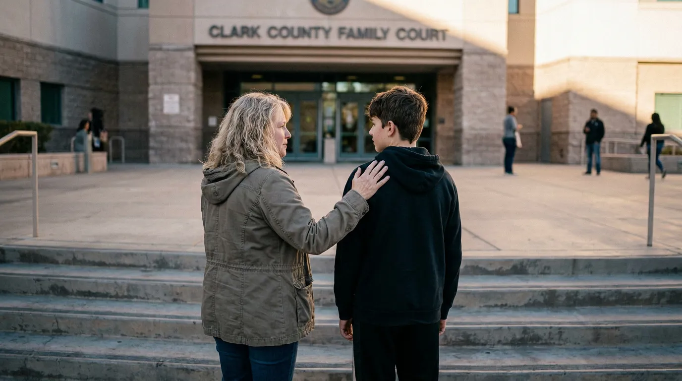 Guardian and Child Outside Clark County Family Court Las Vegas woman placing hand on teenager's shoulder outside Clark County Family Court building