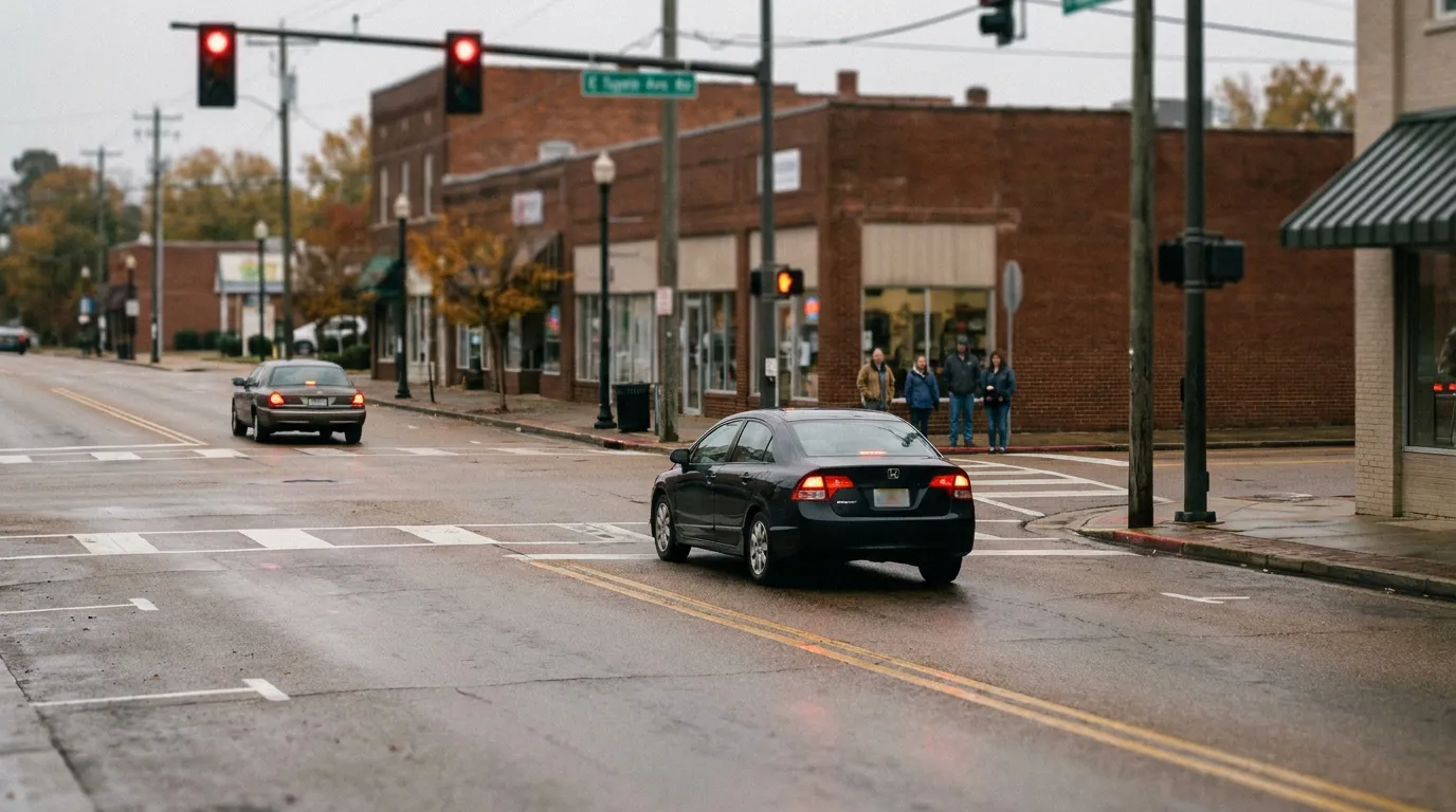 sedan stopped at red traffic light intersection near downtown brick storefronts with pedestrians