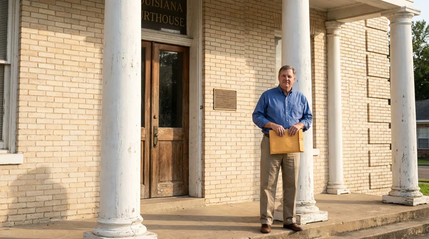 Louisiana Succession Lawyer at Houma Courthouse With Documents attorney holding envelope standing outside Louisiana Courthouse entrance with columns