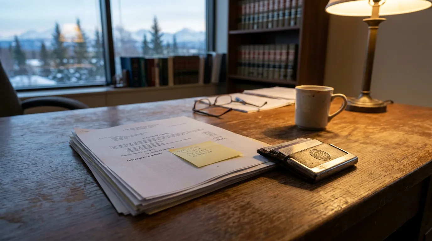 Anchorage Medical Malpractice Attorney Desk With Settlement Documents Settlement summary document with sticky note on law office desk beside law books