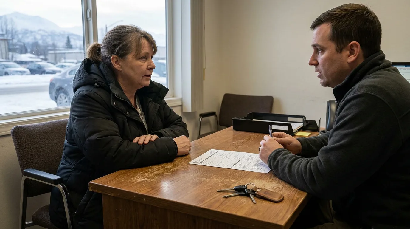 Anchorage Car Accident Victim Meeting With Attorney woman and man seated at desk reviewing document with pen and keys