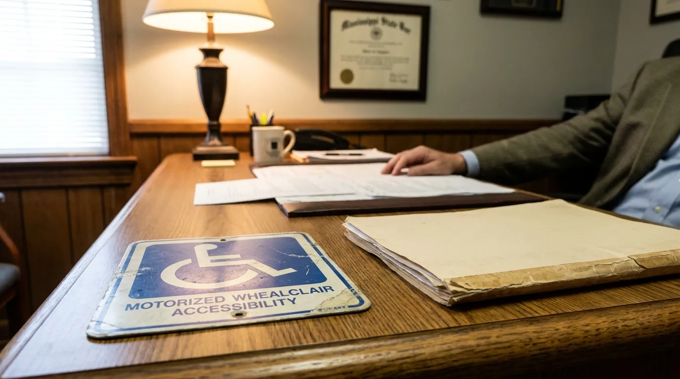 Jackson Mississippi Wheelchair Pedestrian Accident Attorney Office Motorized Wheelchair Accessibility sign on attorney desk with legal documents