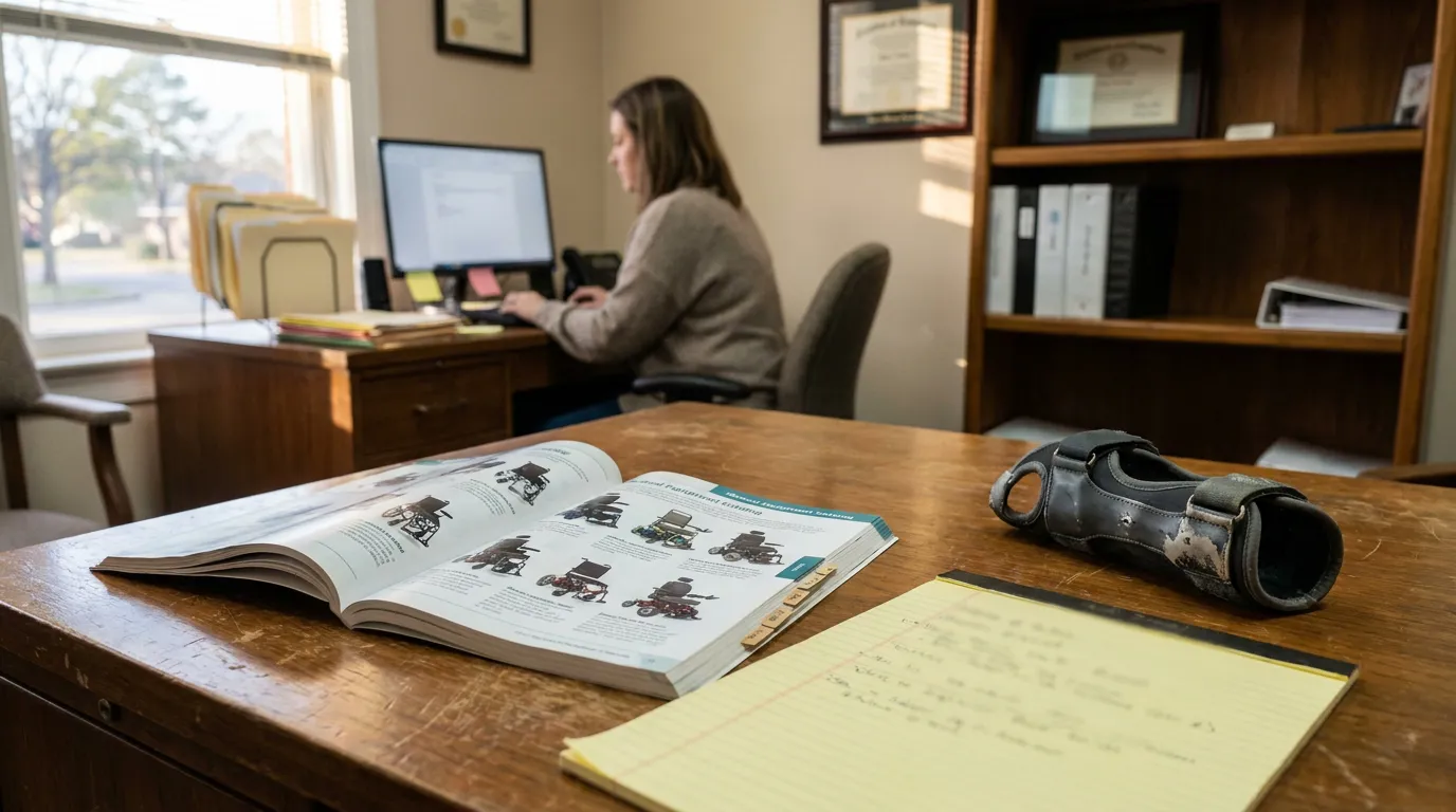 Tupelo Spinal Cord Injury Lawyer Reviewing Hidden SCI Costs legal professional at desk with wheelchair catalog, orthopedic brace, and handwritten notes