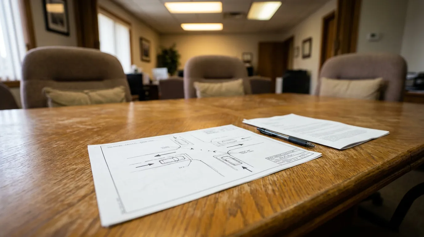 accident scene diagram and legal documents on law office conference table