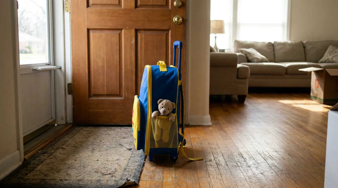 Child Suitcase With Teddy Bear Las Vegas Custody Relocation child's rolling suitcase with teddy bear in mesh pocket near front door