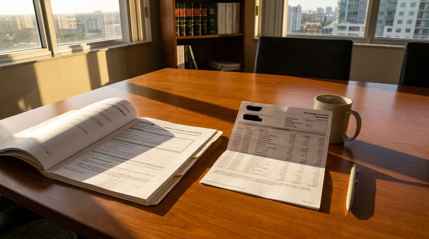 Miami Investment Fraud Lawyer FINRA Claim Brokerage Statement FINRA arbitration claim form and brokerage account statement on law office desk
