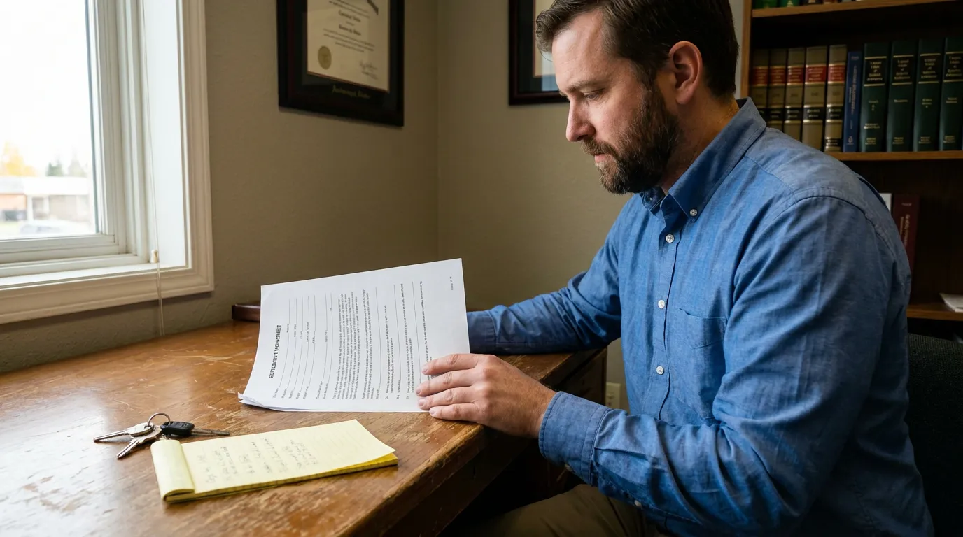 Anchorage Car Accident Victim Reviewing Injury Claim Documents man reviewing legal worksheet document at desk with law books and framed credentials