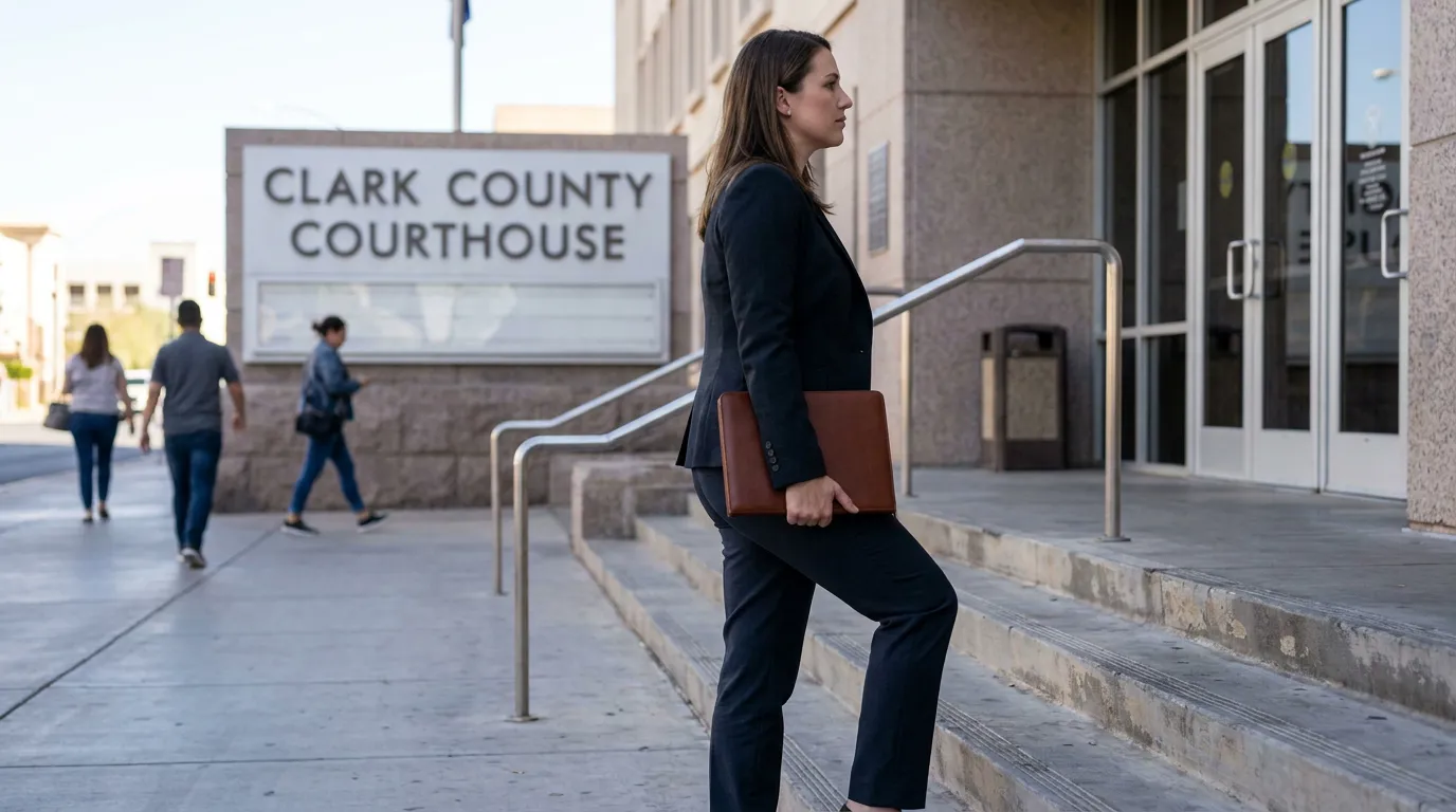 Las Vegas Prenuptial Agreement Attorney at Clark County Courthouse female attorney carrying portfolio ascending steps outside Clark County Courthouse